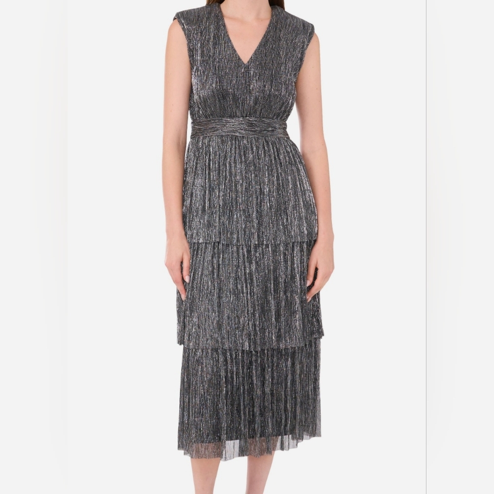 Halogen Metallic Silver And Black Midi Dress